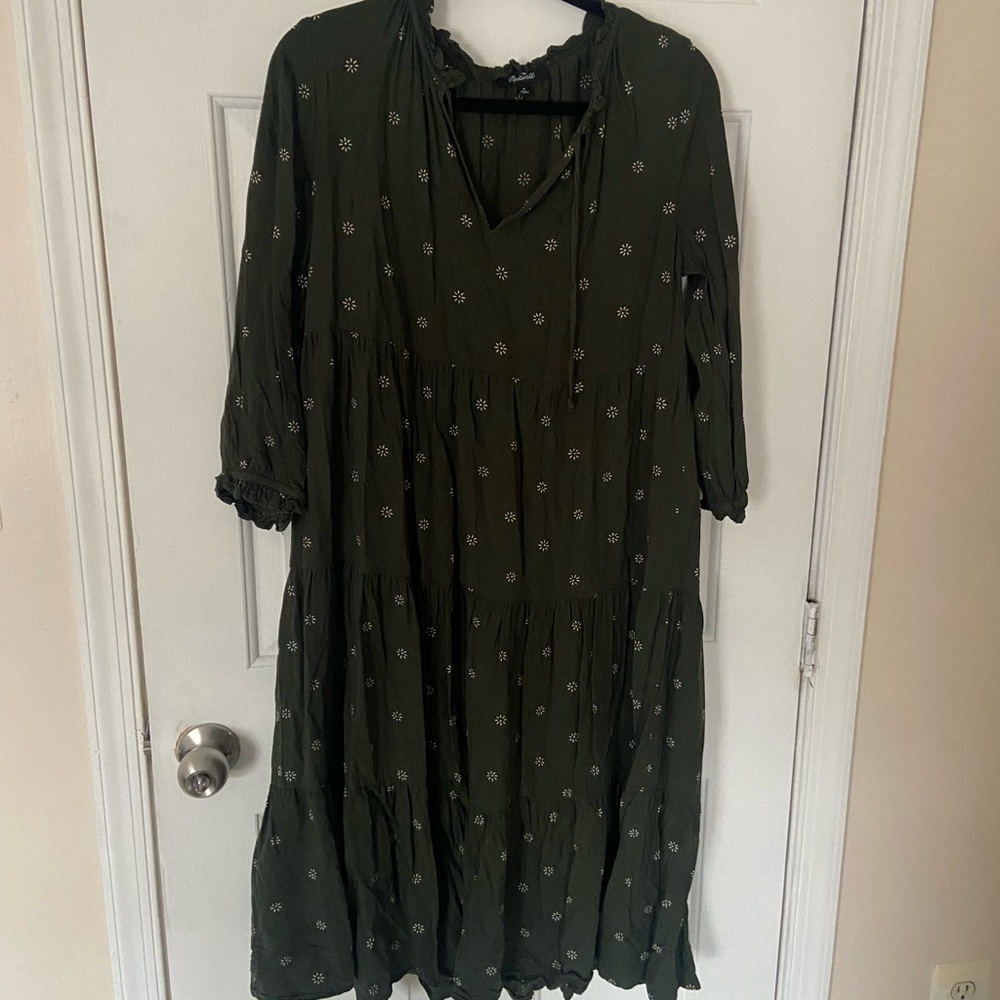Madewell Olive Floral 3/4 Sleeve Dress